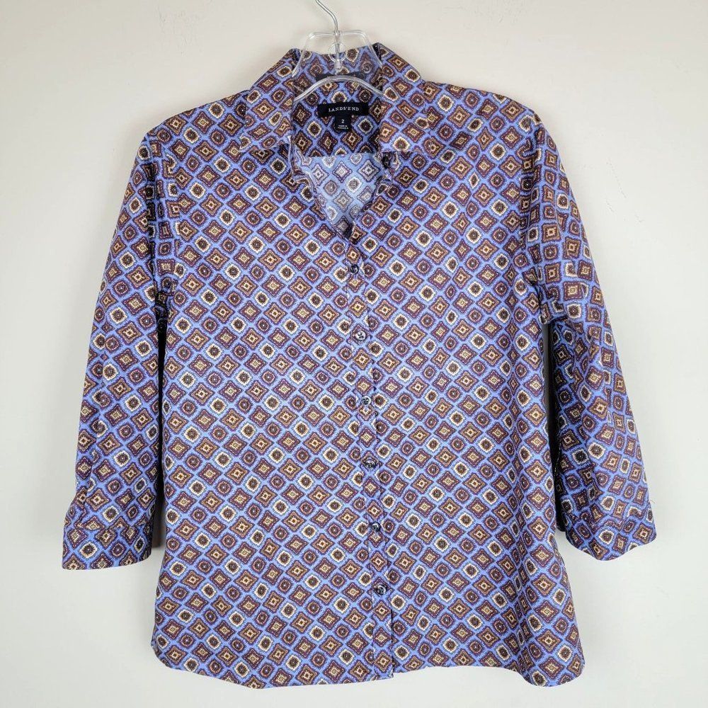 Lands' End Blue Purple Non Iron Supima Cotton Button Down 3/4 Sleeve Shirt 2